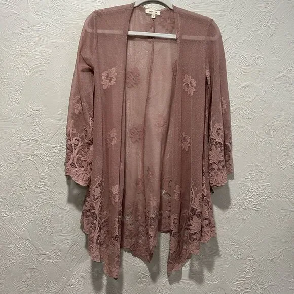 Paper + tee blush pink boho open front lace knit kimono cardigan size small - Picture 1 of 5